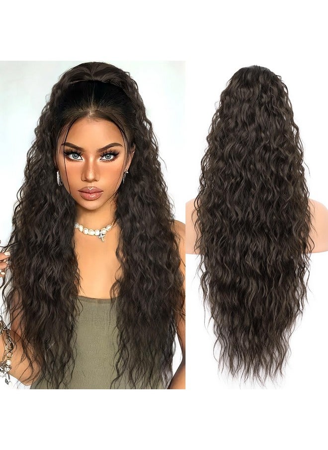 KooKaStyle Ponytail Extensions, 30 Inch Drawstring Clip-On Long Wavy Ponytail Chestnut Brown Synthetic Curly Hairpieces For Women And Girls  - Image 1