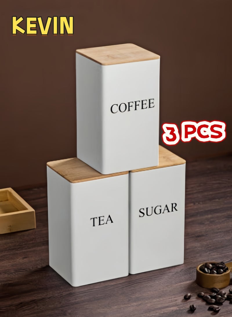 كيفن علبة تخزين قهوة مكونة من 3 قطع، علبة تخزين حبوب القهوة، غطاء من الخيزران، علبة عرض فنية من الحديد، علبة مربعة - Image 1