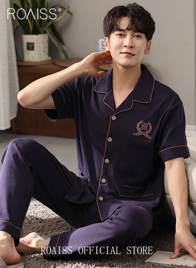 roaiss 2-Piece Pajama Set Men's Cotton Short Sleeved Lapel Collar T-Shirt Long Pants Sets Solid Color Sleepwear Nightgown Male Loose Spring Summer Thin Loungewear Home Clothes  - Image 2
