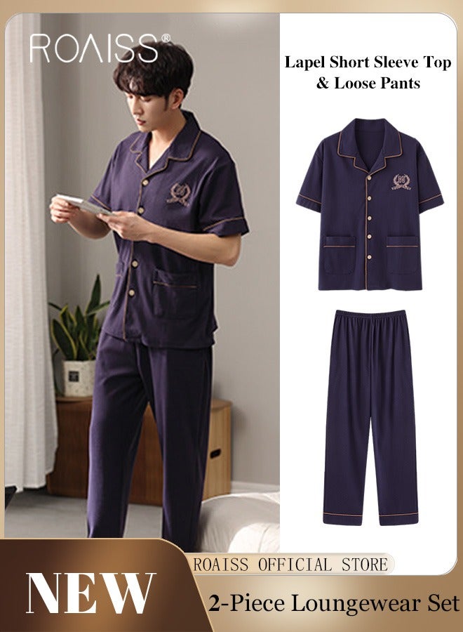 roaiss 2-Piece Pajama Set Men's Cotton Short Sleeved Lapel Collar T-Shirt Long Pants Sets Solid Color Sleepwear Nightgown Male Loose Spring Summer Thin Loungewear Home Clothes  - Image 1