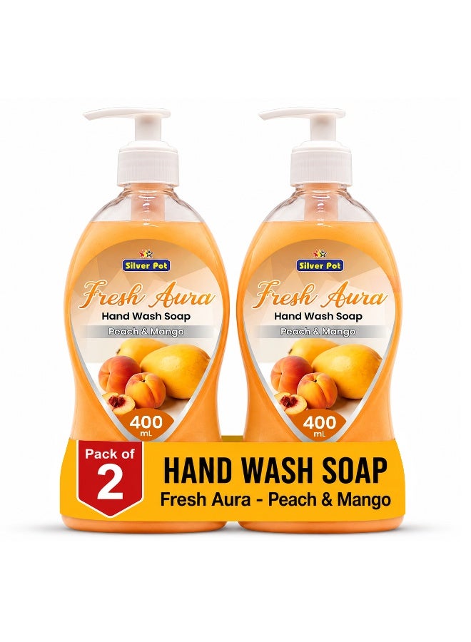 Silver Pot - Fresh Aura, Peach & Mango Hand Wash, Pack of 2 x 400ml each, Moisturizing Liquid Soap, Gentle Cleansing, Effective Germ Protection, Refreshing Tropical Fragrance, 10x Odor Removal - Image 1