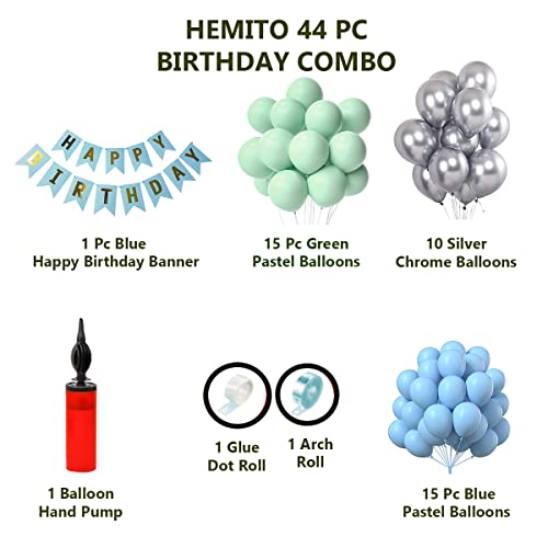 Hemito Rubber Balloons Combo with Birthday Banner, Arc, Glue Dot for Girls Kids Baby Birthday Decoration Items | Birthday Decoration Kit Combo of 44 Pieces (Green, Pastel Blue) - Image 2