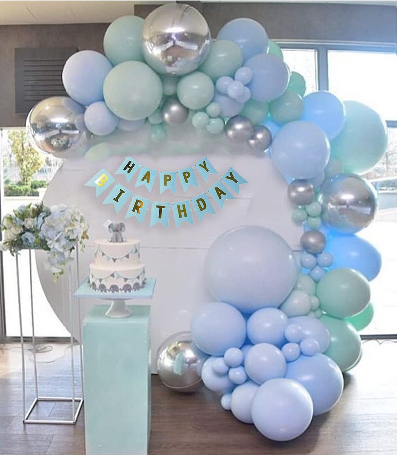 Hemito Rubber Balloons Combo with Birthday Banner, Arc, Glue Dot for Girls Kids Baby Birthday Decoration Items | Birthday Decoration Kit Combo of 44 Pieces (Green, Pastel Blue) - Image 1