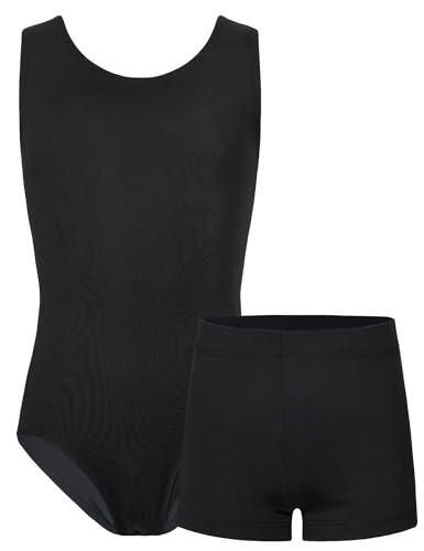 TENVDA Gymnastics Leotards for Girls 78 Years Old Solid Black Tumbling Outfit Workout Bodysuit Matching Shorts Set - Image 1