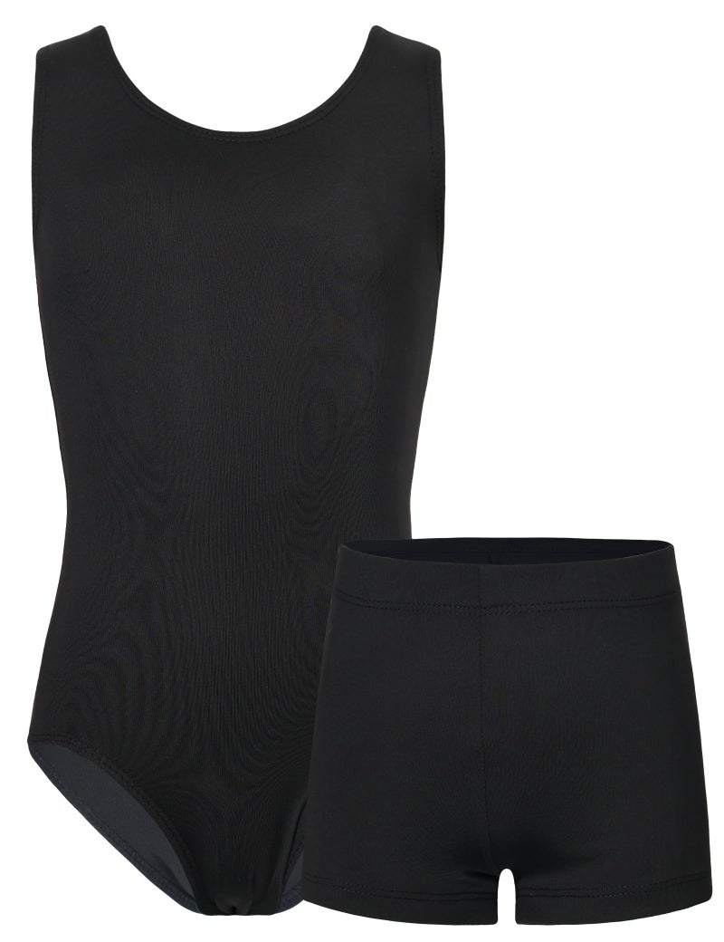 TENVDA Gymnastics Leotards for Girls 78 Years Old Solid Black Tumbling Outfit Workout Bodysuit Matching Shorts Set - Image 2