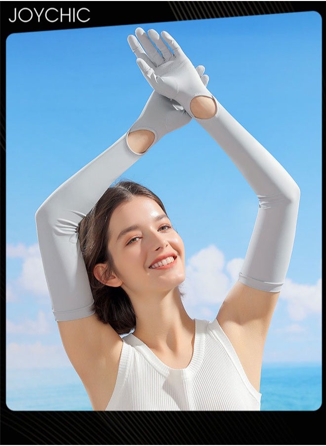 Joychic New Style Women Summer Sunscreen Long Gloves Anti-slip Anti-UV Ice Silk Arm Sleeve for Outdoor Driving Cycling Grey  - Image 2