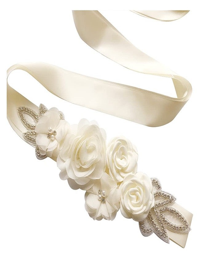 Kumeng Sash Belt with Flowers Pearls Rhinestone for Wedding Bride/Baby Shower Dress Flower Girls Sash Belt Headband Set (1-Ivory) - Image 1