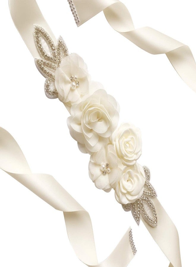 Kumeng Sash Belt with Flowers Pearls Rhinestone for Wedding Bride/Baby Shower Dress Flower Girls Sash Belt Headband Set (1-Ivory) - Image 2