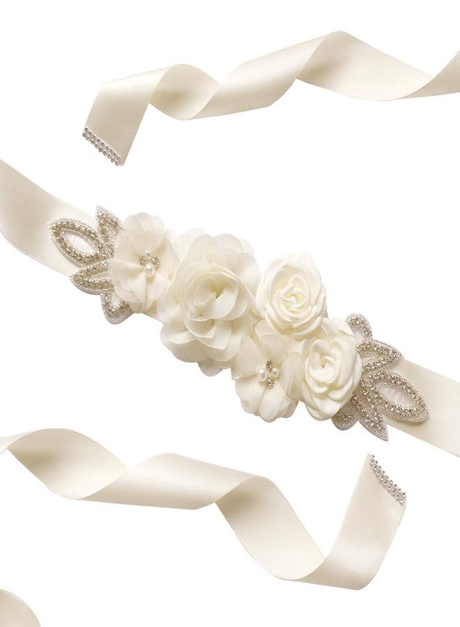 Kumeng Sash Belt with Flowers Pearls Rhinestone for Wedding Bride/Baby Shower Dress Flower Girls Sash Belt Headband Set (1-Ivory) - Image 3