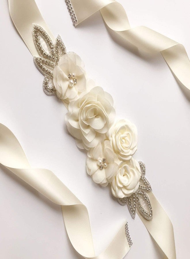Kumeng Sash Belt with Flowers Pearls Rhinestone for Wedding Bride/Baby Shower Dress Flower Girls Sash Belt Headband Set (1-Ivory) - Image 4