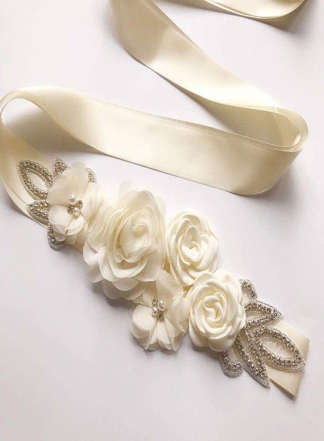 Kumeng Sash Belt with Flowers Pearls Rhinestone for Wedding Bride/Baby Shower Dress Flower Girls Sash Belt Headband Set (1-Ivory) - Image 5