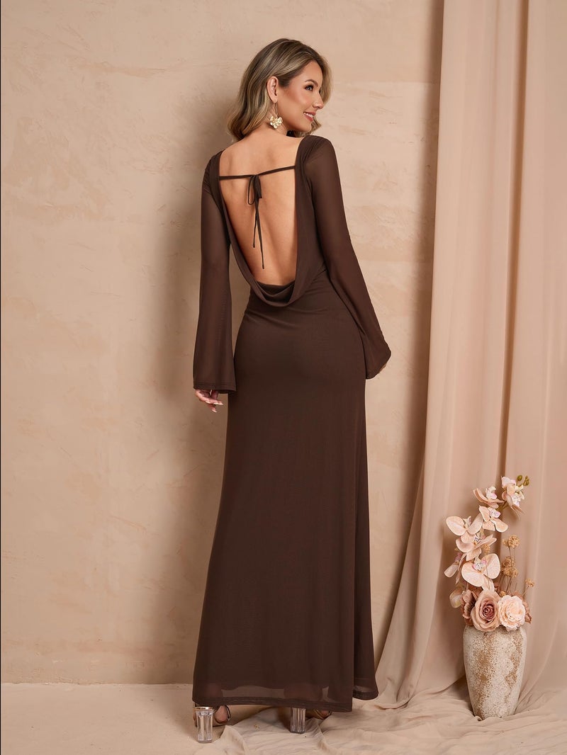 EYNMIN Long Sleeve Maxi Dress Backless Tie Bodycon Mesh 2025 Fall Formal Wedding Guest Dresses for Women Brown - Image 2