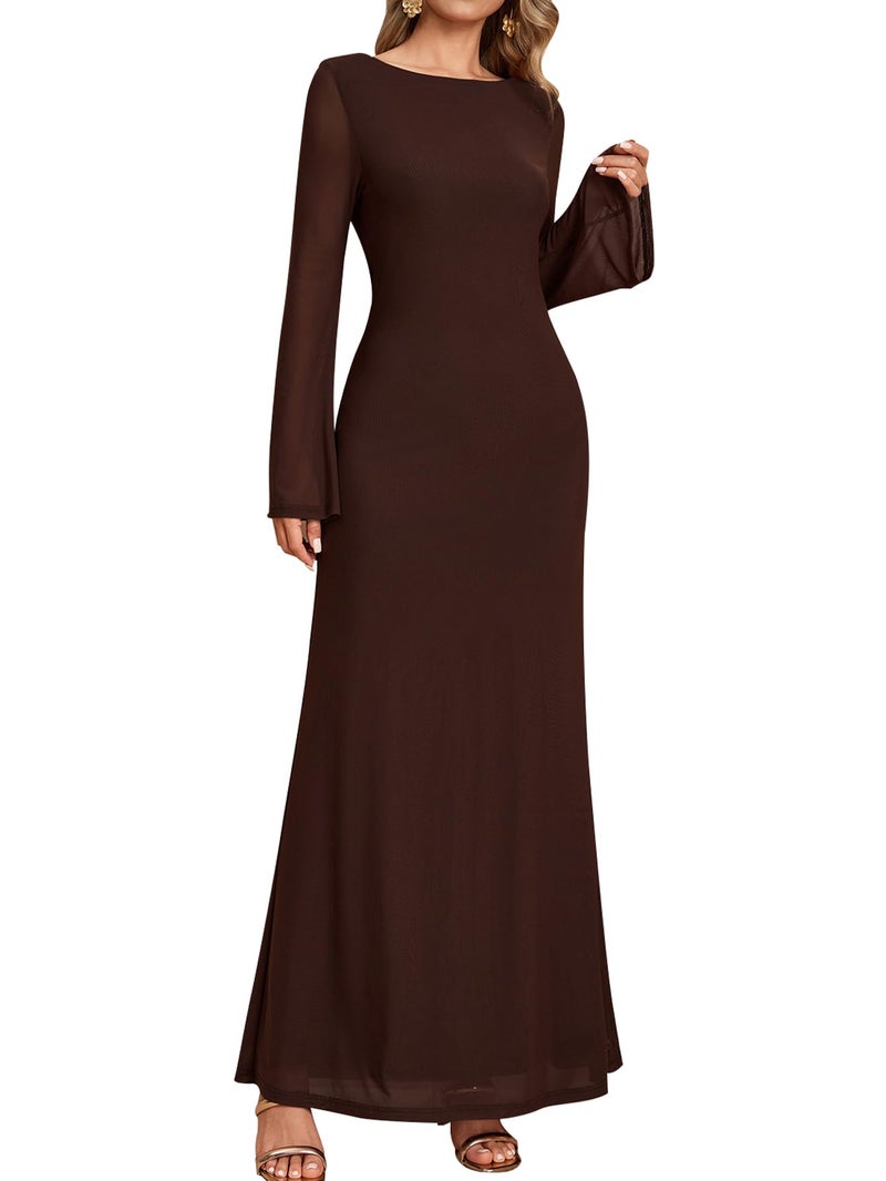 EYNMIN Long Sleeve Maxi Dress Backless Tie Bodycon Mesh 2025 Fall Formal Wedding Guest Dresses for Women Brown - Image 1