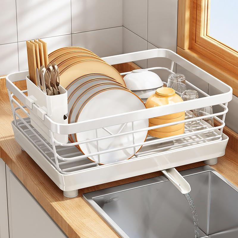 HAKKU Kitchen Dish Rack with Drain Tray – Space Saving Countertop Dish Drainer with Cutlery Holder & Drainage Spout for Plates, Cups & Bowls, Size (15L*11.4W*5H Inch) (White Single Layer) - Image 1