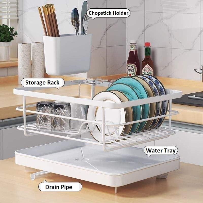 HAKKU Kitchen Dish Rack with Drain Tray – Space Saving Countertop Dish Drainer with Cutlery Holder & Drainage Spout for Plates, Cups & Bowls, Size (15L*11.4W*5H Inch) (White Single Layer) - Image 5
