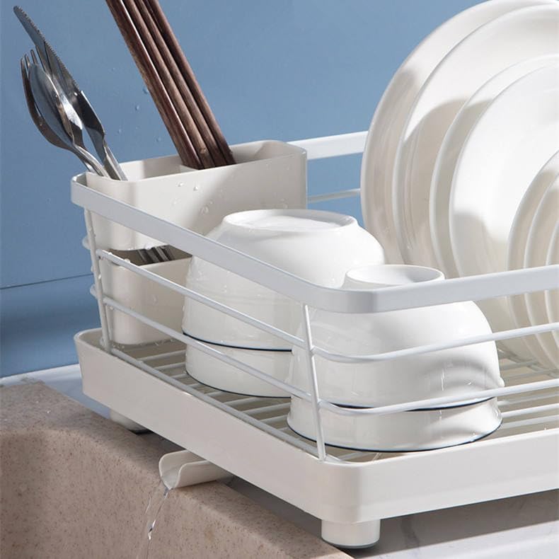 HAKKU Kitchen Dish Rack with Drain Tray – Space Saving Countertop Dish Drainer with Cutlery Holder & Drainage Spout for Plates, Cups & Bowls, Size (15L*11.4W*5H Inch) (White Single Layer) - Image 3