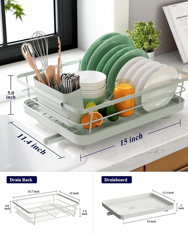 HAKKU Kitchen Dish Rack with Drain Tray – Space Saving Countertop Dish Drainer with Cutlery Holder & Drainage Spout for Plates, Cups & Bowls, Size (15L*11.4W*5H Inch) (White Single Layer) - Image 2