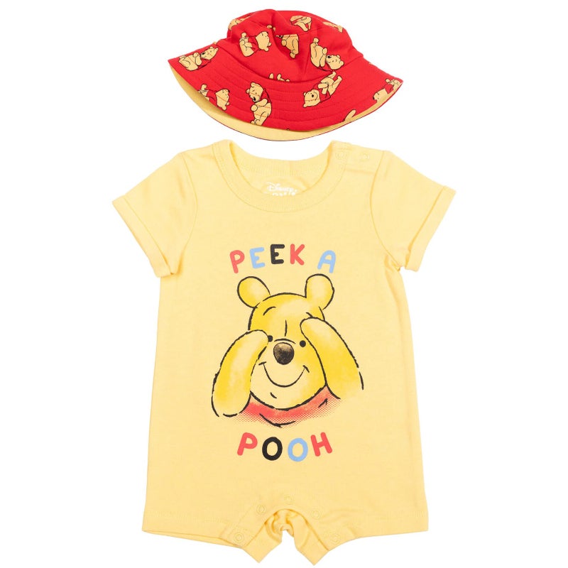Disney Winnie the Pooh Infant Baby Boys Romper and Bucket Sun Hat Yellow 12 Months - Image 1