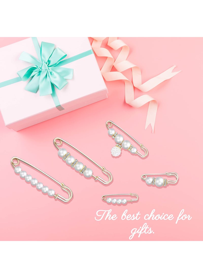 5 Pcs KASTWAVE Pearl Brooch Pins for Women, Fashionable Double Gold Brooches for Crafts, Sweater Shawl Clips, and Waist Pants Extenders (White) - Perfect Safety Pins for Any Outfit. - Image 3