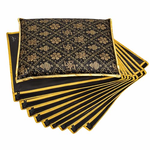 LAXIS® Non-Woven Single Saree Bags Transparent Saree Covers with Zip, Saree Covers for Storage, Wardrobe Organizer Saree Bags Size-36x42x2 CM (Golden Black, Pack of 10) - Image 1