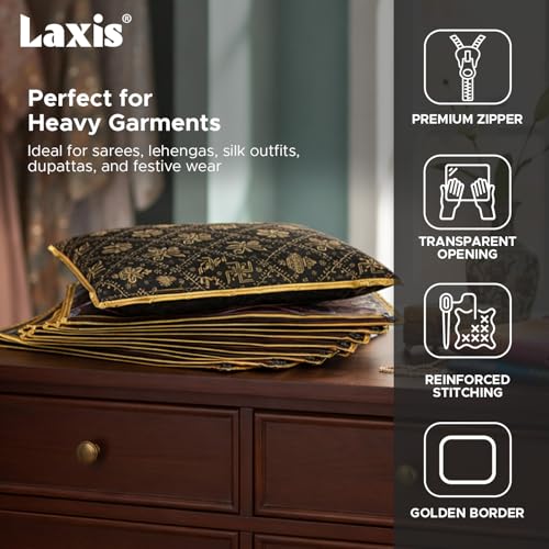 LAXIS® Non-Woven Single Saree Bags Transparent Saree Covers with Zip, Saree Covers for Storage, Wardrobe Organizer Saree Bags Size-36x42x2 CM (Golden Black, Pack of 10) - Image 5
