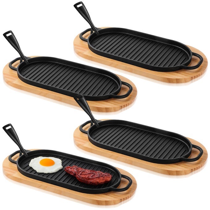 4 PCS CAST IRON FAJITA SKILLET PAN SET SIZZLING STEAK PLATE WITH WOODEN BASE AND REMOVABLE HANDLE CAST IRON GRILL FRYING PAN FOR HOME RESTAURANT KITCHEN COOKING 12 X 63 INCH