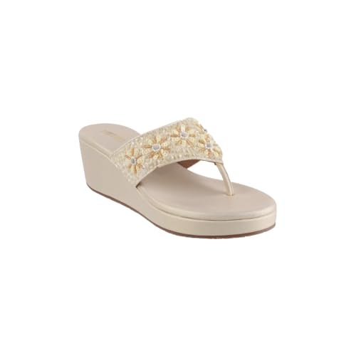 Metro Women Gold Embroidered Ethnic Wedge Heel Slip-on Sandal UK/7 EU/40 (35-1248) - Image 2