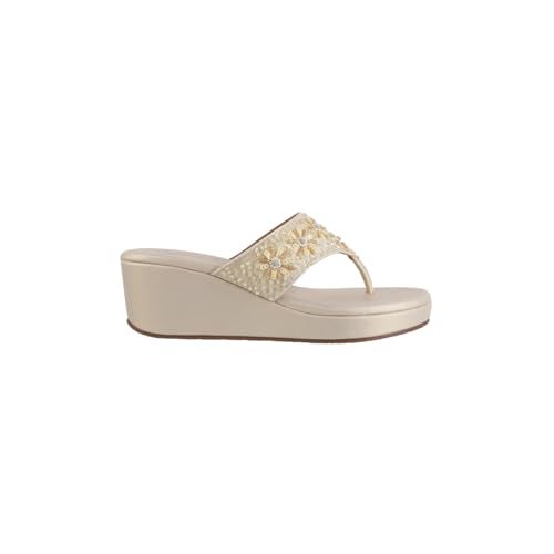 Metro Women Gold Embroidered Ethnic Wedge Heel Slip-on Sandal UK/7 EU/40 (35-1248) - Image 3