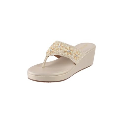 Metro Women Gold Embroidered Ethnic Wedge Heel Slip-on Sandal UK/7 EU/40 (35-1248) - Image 1