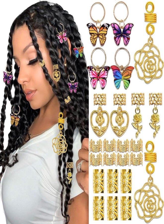 VENOFEN 30PCS Gold Hair Jewelry for Braids Butterfly Braids Clips Metal Hair Cuffs Rings Roses Loc Charms Dreadlock Beads Multi Style Braids Accessories Hair Decoration for Women and Girls - Image 1