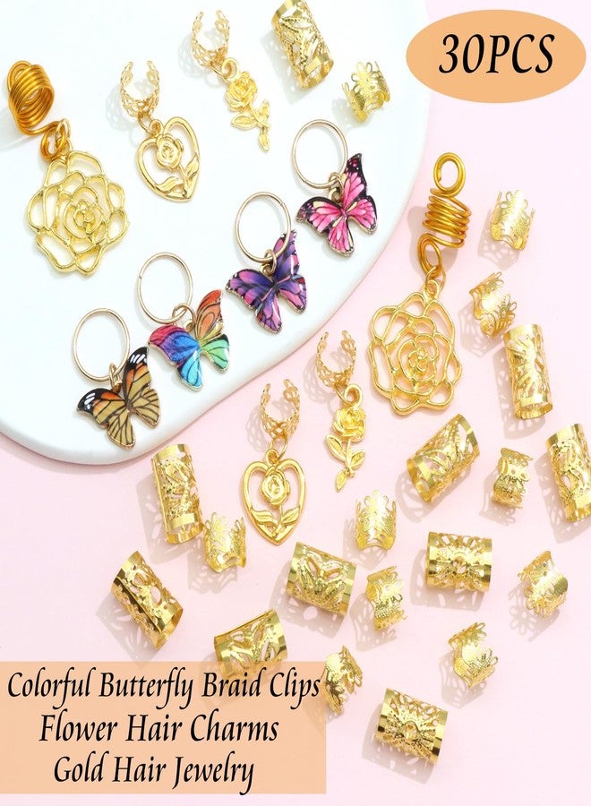 VENOFEN 30PCS Gold Hair Jewelry for Braids Butterfly Braids Clips Metal Hair Cuffs Rings Roses Loc Charms Dreadlock Beads Multi Style Braids Accessories Hair Decoration for Women and Girls - Image 2