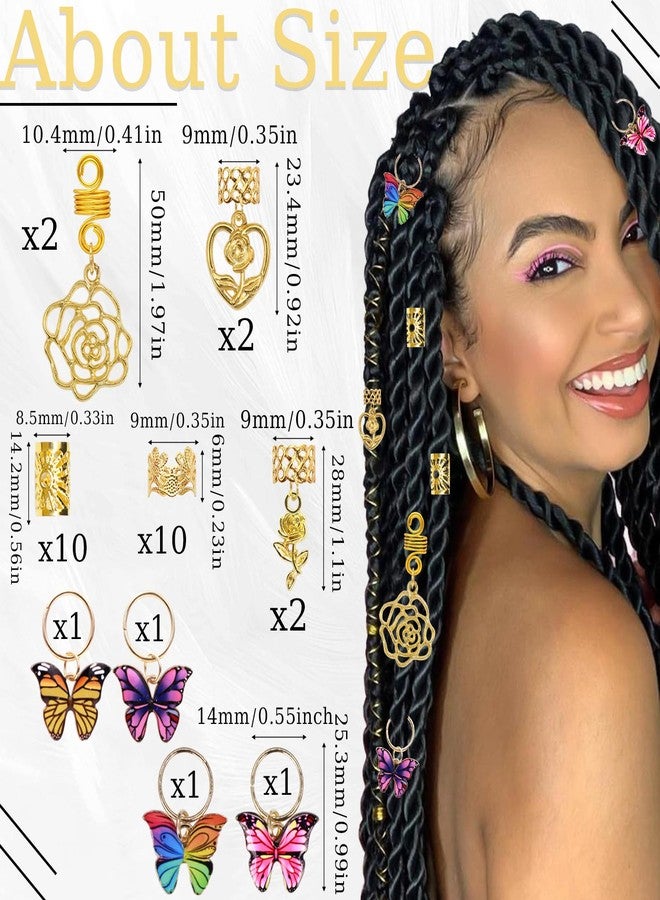 VENOFEN 30PCS Gold Hair Jewelry for Braids Butterfly Braids Clips Metal Hair Cuffs Rings Roses Loc Charms Dreadlock Beads Multi Style Braids Accessories Hair Decoration for Women and Girls - Image 3