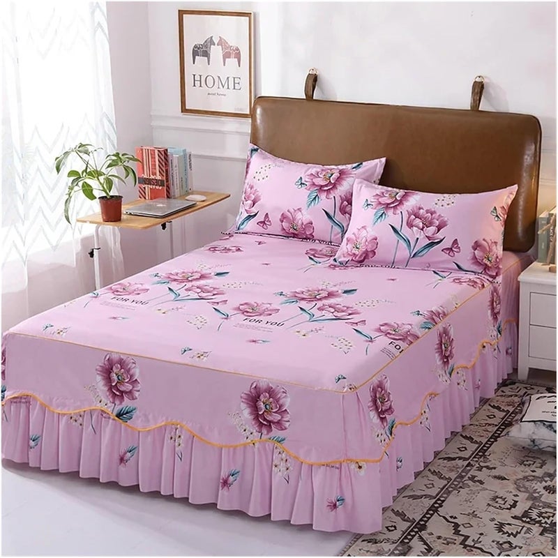 Ruffle Bed Skirt Wrap Around Bedding Skirt,Flower Print Bedskirt,3 Side Coverage Ruffle Bed Skirt with 2 Pillowcase(Color 10,180x200cm 3pcs) - Image 1