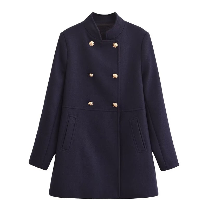 ZA Cross-Border Womens Fashionable Elegant Warm Wool Blend Overcoat Jacket with Double Row Buttoning Woolen Coat For All Season Navy blue 