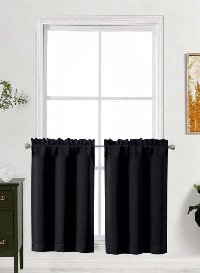 Lecloud ستائر مطبخ سوداء من لي كلاود، طولها 24 بوصة، قطعتان، ستائر تعتيم عصرية توفر الخصوصية، ستائر عازلة للحرارة مع جيوب للعمود، مناسبة للمقاهي وغرف النوم والخزائن والمنازل المتنقلة، كل لوحة بعرض 30 بوصة وطول 24 بوصة - Image 1