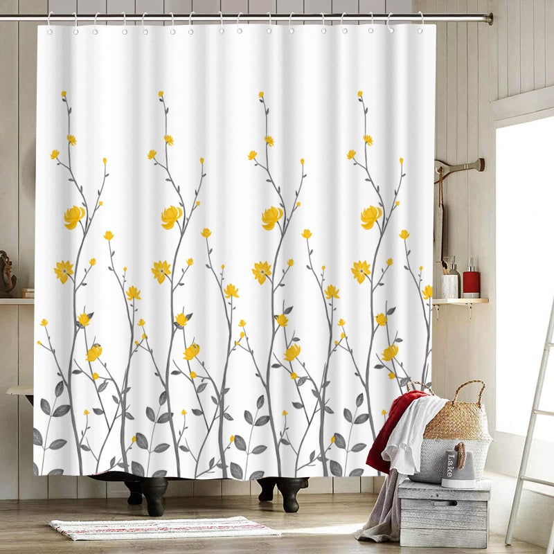 RnnJoile Yellow Flowers Bathroom Shower Curtain Yellow Floral with Grey Leaves Bath Curtain White Pattern Fabric Bathroom Accessories with 12 Hooks 72"x72" - Image 4