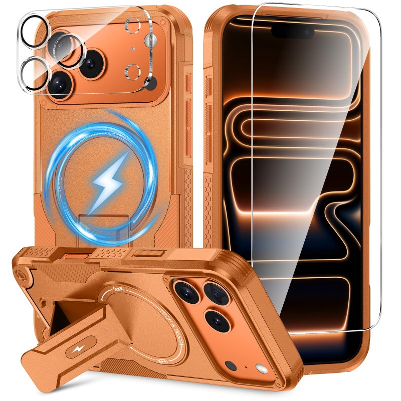Caka 3 in 1 for iPhone 17 Pro Max Case [Compatible with MagSafe] [Invisible Kickstand] [HD Screen Protector] [Camera Lens Protector], Protective Magnetic Phone Cover for iPhone 17 Promax (Orange) - Image 1