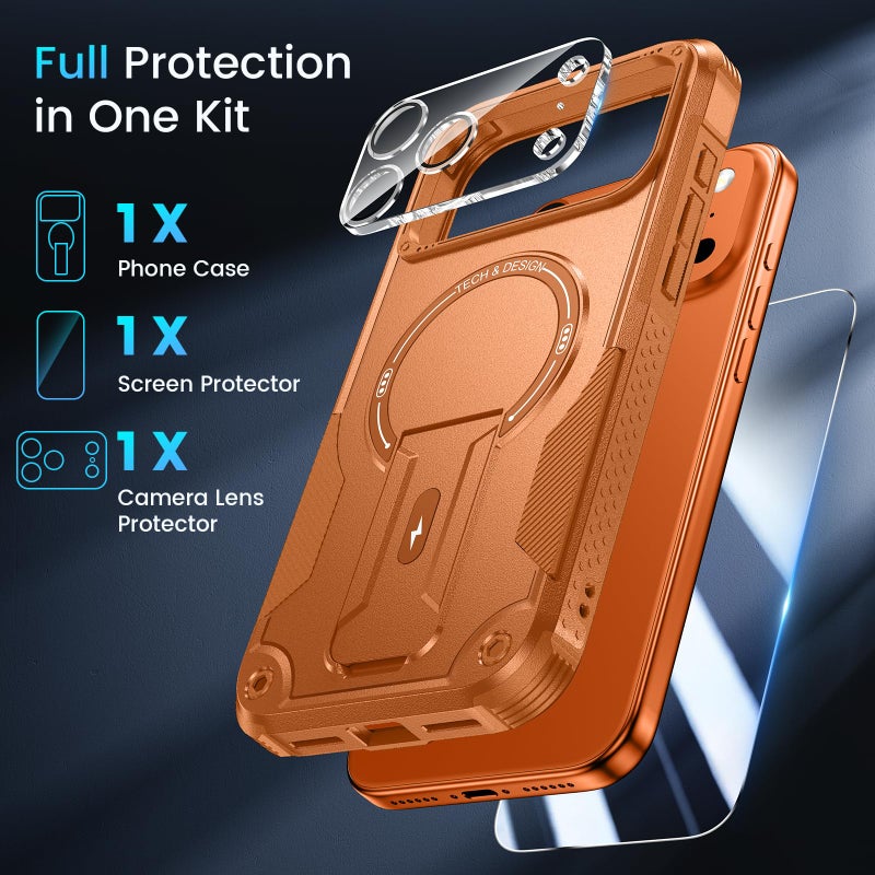Caka 3 in 1 for iPhone 17 Pro Max Case [Compatible with MagSafe] [Invisible Kickstand] [HD Screen Protector] [Camera Lens Protector], Protective Magnetic Phone Cover for iPhone 17 Promax (Orange) - Image 3