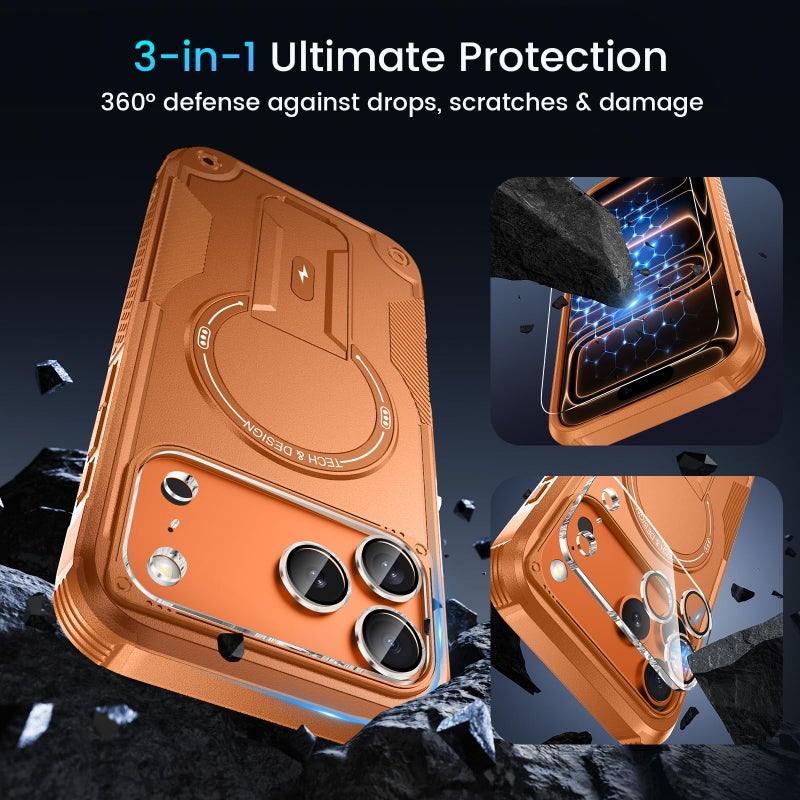 Caka 3 in 1 for iPhone 17 Pro Max Case [Compatible with MagSafe] [Invisible Kickstand] [HD Screen Protector] [Camera Lens Protector], Protective Magnetic Phone Cover for iPhone 17 Promax (Orange) - Image 4