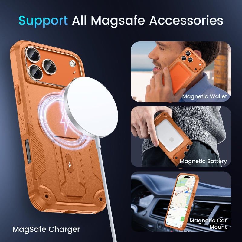 Caka 3 in 1 for iPhone 17 Pro Max Case [Compatible with MagSafe] [Invisible Kickstand] [HD Screen Protector] [Camera Lens Protector], Protective Magnetic Phone Cover for iPhone 17 Promax (Orange) - Image 5