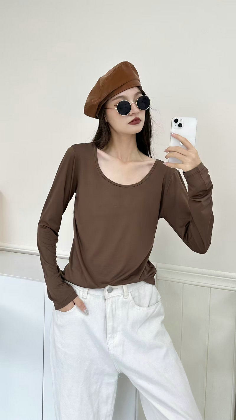 Style Long-Sleeved T-Shirt, Eco-Friendly Double U-Neck Collarbone Base Shirt, New Women'S Round-Neck Outerwear T-Shirt - Image 1