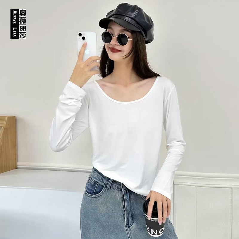 Style Long-Sleeved T-Shirt, Eco-Friendly Double U-Neck Collarbone Base Shirt, New Women'S Round-Neck Outerwear T-Shirt - Image 2