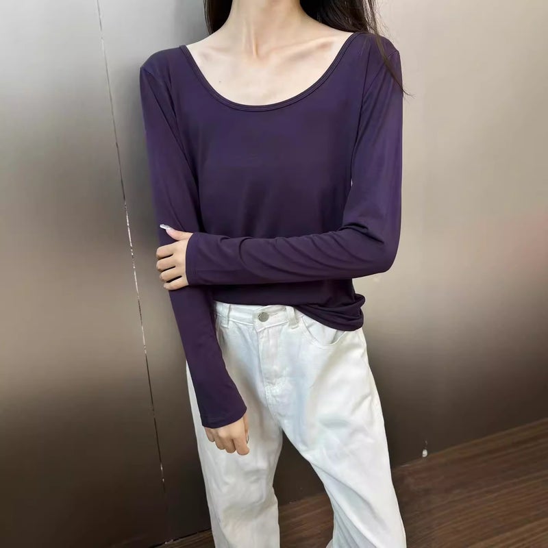 Style Long-Sleeved T-Shirt, Eco-Friendly Double U-Neck Collarbone Base Shirt, New Women'S Round-Neck Outerwear T-Shirt - Image 5