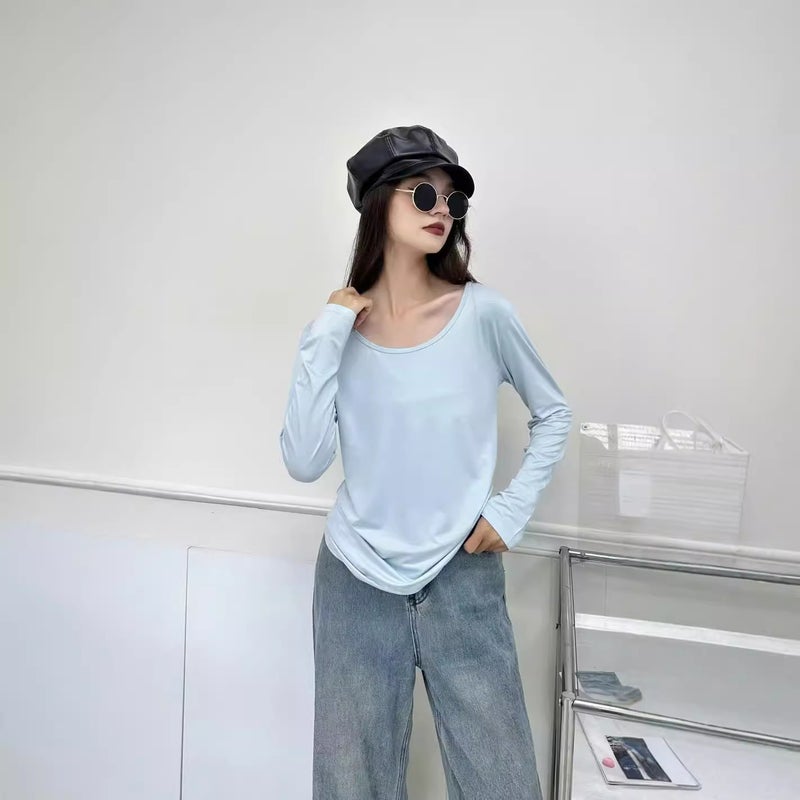 Style Long-Sleeved T-Shirt, Eco-Friendly Double U-Neck Collarbone Base Shirt, New Women'S Round-Neck Outerwear T-Shirt - Image 3