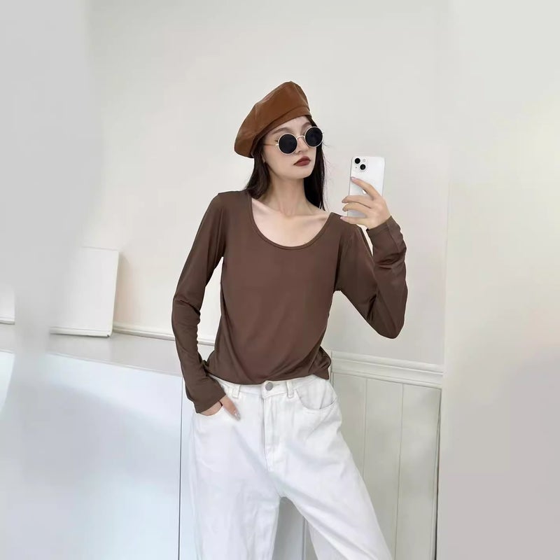 Style Long-Sleeved T-Shirt, Eco-Friendly Double U-Neck Collarbone Base Shirt, New Women'S Round-Neck Outerwear T-Shirt - Image 4