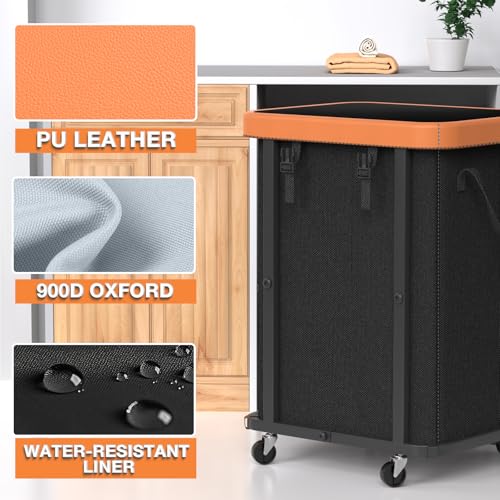 alentar 150L (40 Gal) Large Fashion Laundry Basket with Wheels, Leather Patchwork Rolling Hamper Carts, Sturdy Metal Frame, Removable Washable Bag, Tall Clothes Sorter for Bedroom, Laundry Room - Black - Image 2