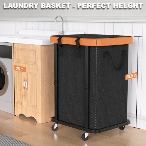 alentar 150L (40 Gal) Large Fashion Laundry Basket with Wheels, Leather Patchwork Rolling Hamper Carts, Sturdy Metal Frame, Removable Washable Bag, Tall Clothes Sorter for Bedroom, Laundry Room - Black - Image 4