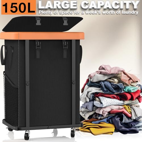 alentar 150L (40 Gal) Large Fashion Laundry Basket with Wheels, Leather Patchwork Rolling Hamper Carts, Sturdy Metal Frame, Removable Washable Bag, Tall Clothes Sorter for Bedroom, Laundry Room - Black - Image 3