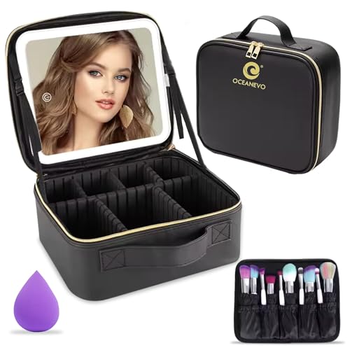 Oceanevo Small Cosmetic Organizer Bag with Rechargeable LED Mirror and Makeup Sponge Included, Makeup Vanity Box with 3 LED Brightness Modes and Adjustable Dividers - 26 x 23 x 11 Cm - Black PU - Image 1