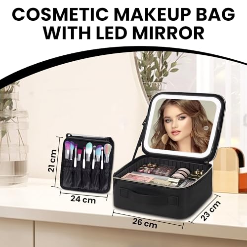Oceanevo Small Cosmetic Organizer Bag with Rechargeable LED Mirror and Makeup Sponge Included, Makeup Vanity Box with 3 LED Brightness Modes and Adjustable Dividers - 26 x 23 x 11 Cm - Black PU - Image 3
